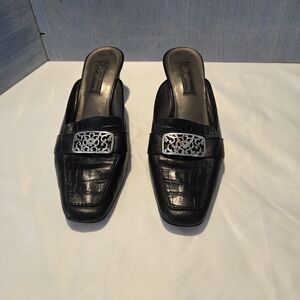 Brighton Steph Black Leather Croc  Mule Heels